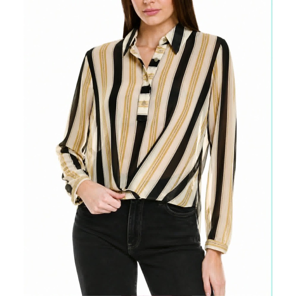 cabi Caliber Sheer Striped Blouse Wrap Surplice Long Sleeve Top M